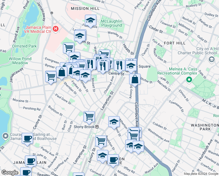 map of restaurants, bars, coffee shops, grocery stores, and more near 39 Chestnut Avenue in Boston