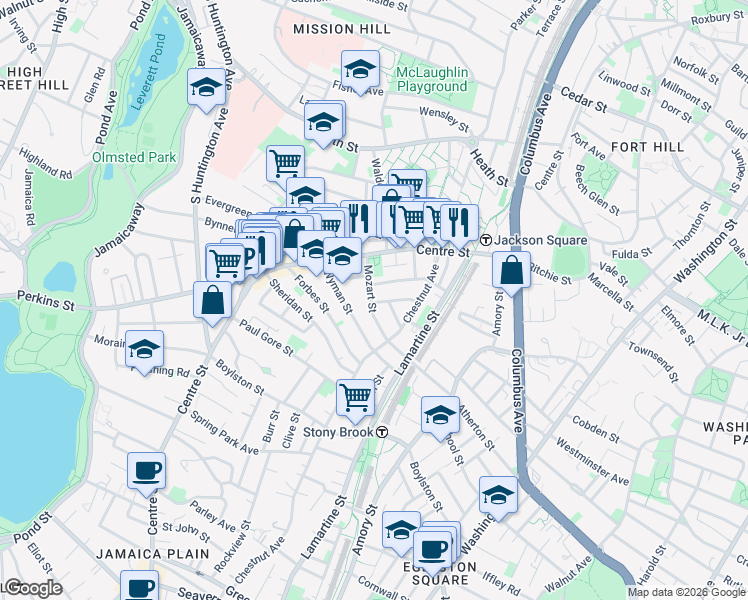 map of restaurants, bars, coffee shops, grocery stores, and more near 54 Mozart Street in Boston