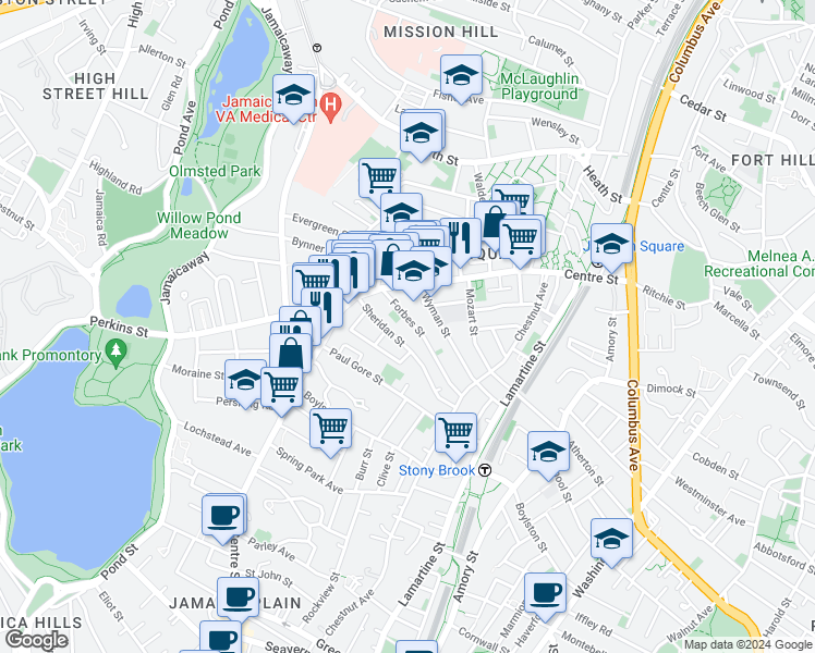 map of restaurants, bars, coffee shops, grocery stores, and more near 50 Sheridan Street in Boston