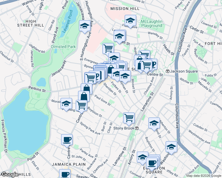 map of restaurants, bars, coffee shops, grocery stores, and more near 50 Sheridan Street in Boston