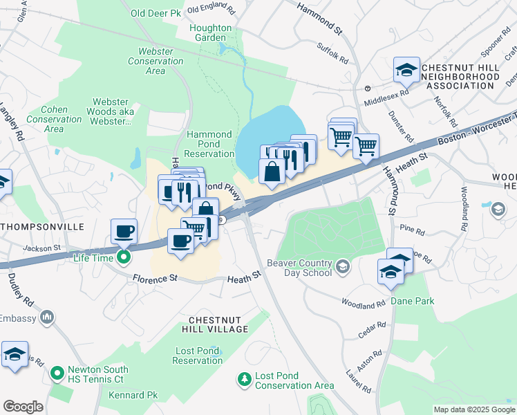 map of restaurants, bars, coffee shops, grocery stores, and more near 231 Hammond Pond Parkway in Newton