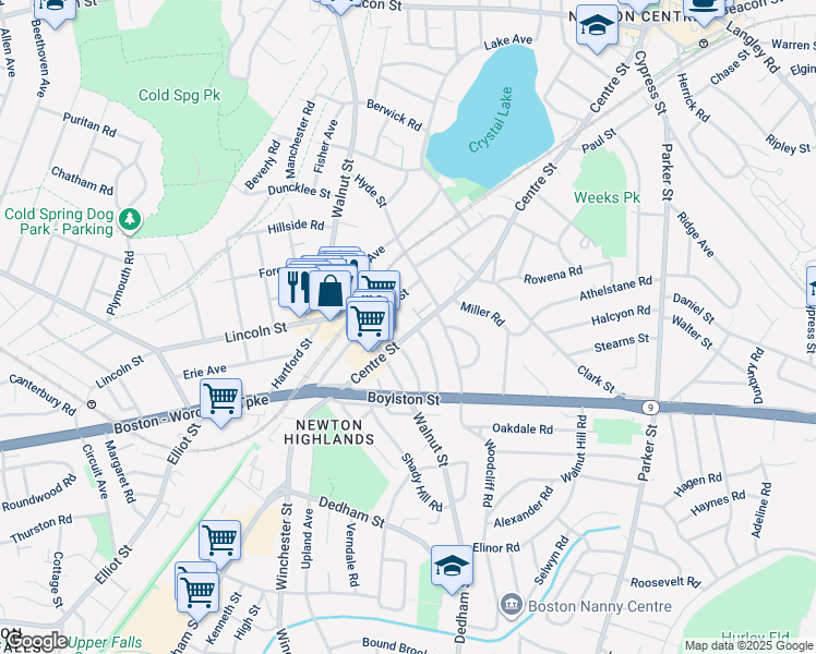 map of restaurants, bars, coffee shops, grocery stores, and more near 5 Aberdeen Street in Newton