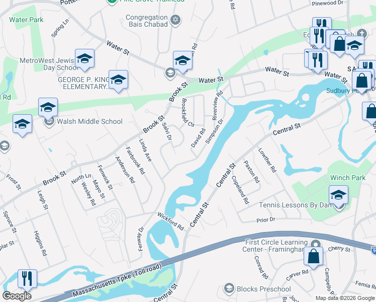 map of restaurants, bars, coffee shops, grocery stores, and more near 93 Simpson Drive in Framingham