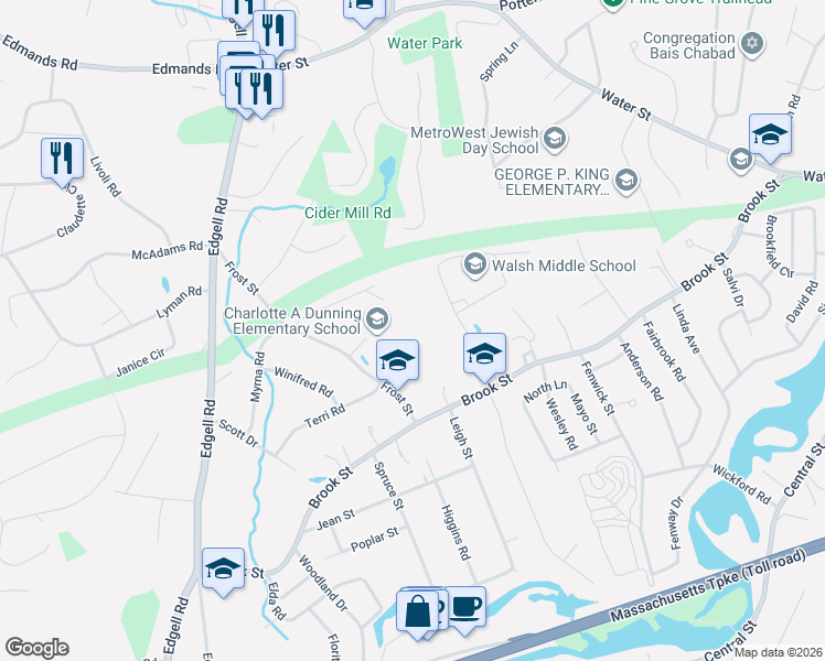 map of restaurants, bars, coffee shops, grocery stores, and more near 48 Frost Street in Framingham