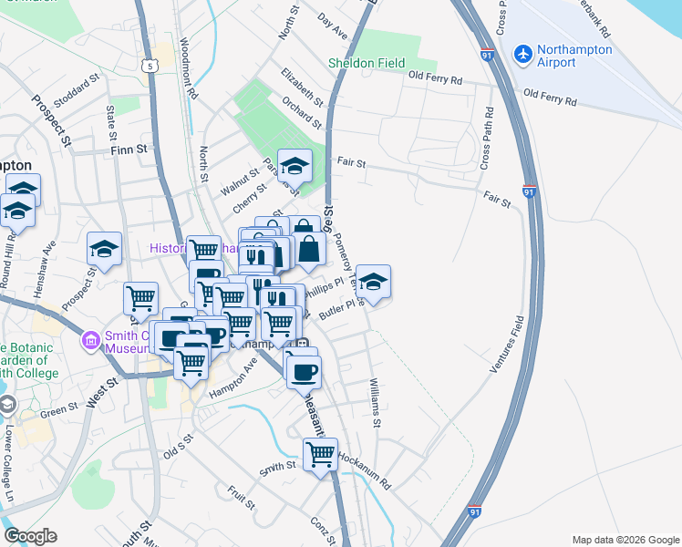 map of restaurants, bars, coffee shops, grocery stores, and more near 59 Phillips Place in Northampton
