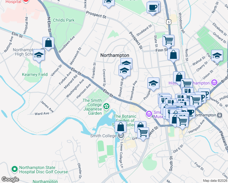 map of restaurants, bars, coffee shops, grocery stores, and more near 156 Elm Street in Northampton