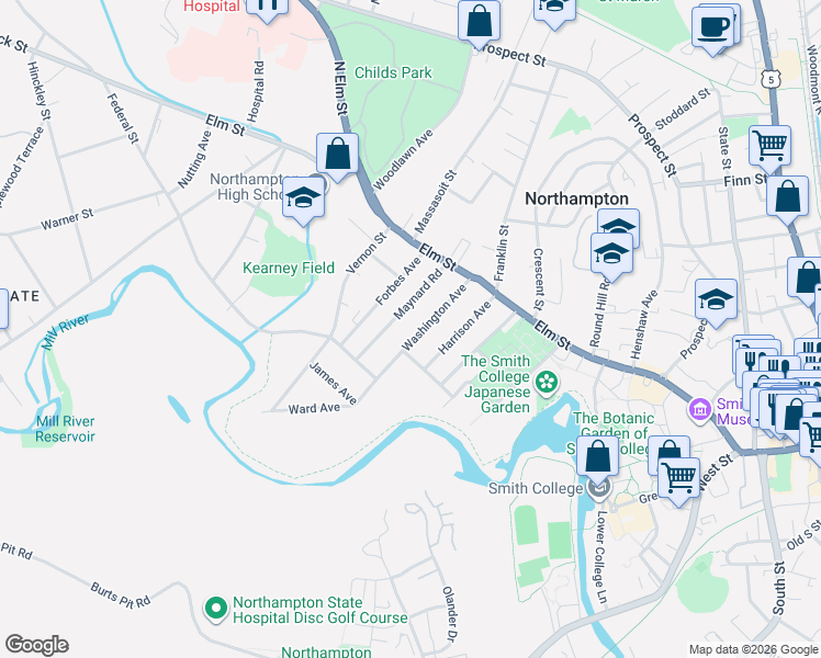 map of restaurants, bars, coffee shops, grocery stores, and more near 57 Washington Avenue in Northampton