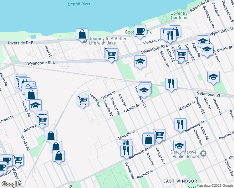 map of restaurants, bars, coffee shops, grocery stores, and more near in Windsor