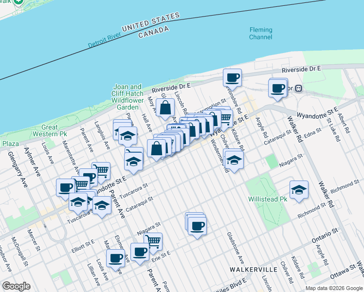 map of restaurants, bars, coffee shops, grocery stores, and more near 1468 Wyandotte Street East in Windsor