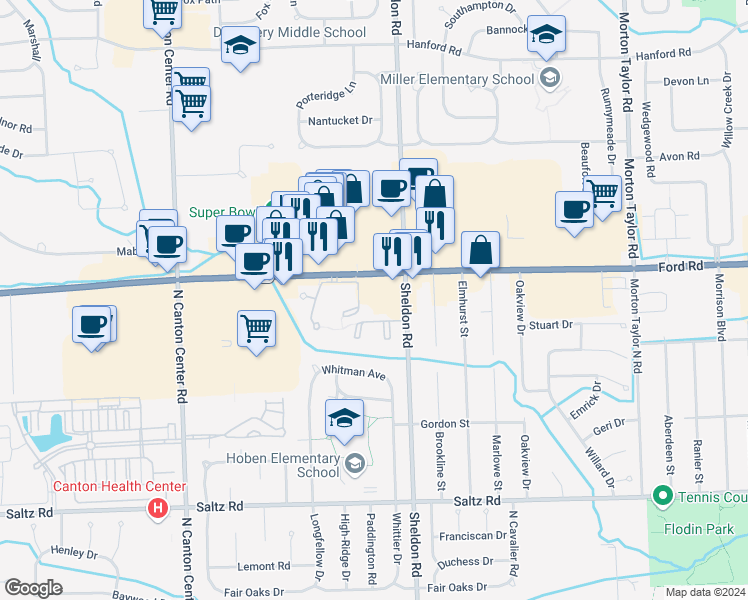 map of restaurants, bars, coffee shops, grocery stores, and more near 44505 Ford Road in Canton