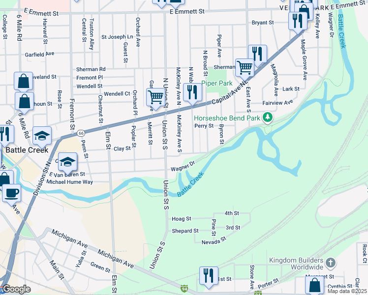 map of restaurants, bars, coffee shops, grocery stores, and more near 321 Cherry Lane in Battle Creek