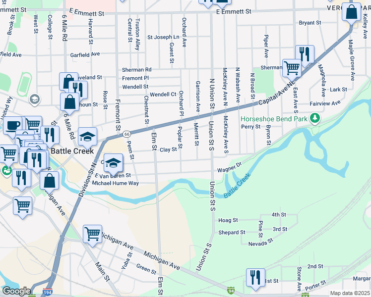 map of restaurants, bars, coffee shops, grocery stores, and more near 65 Poplar Street in Battle Creek