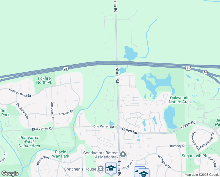 map of restaurants, bars, coffee shops, grocery stores, and more near 3081 North Spurway Drive in Ann Arbor