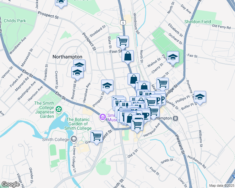 map of restaurants, bars, coffee shops, grocery stores, and more near 97 State Street in Northampton