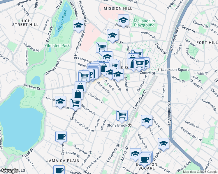 map of restaurants, bars, coffee shops, grocery stores, and more near 35 Forbes Street in Boston