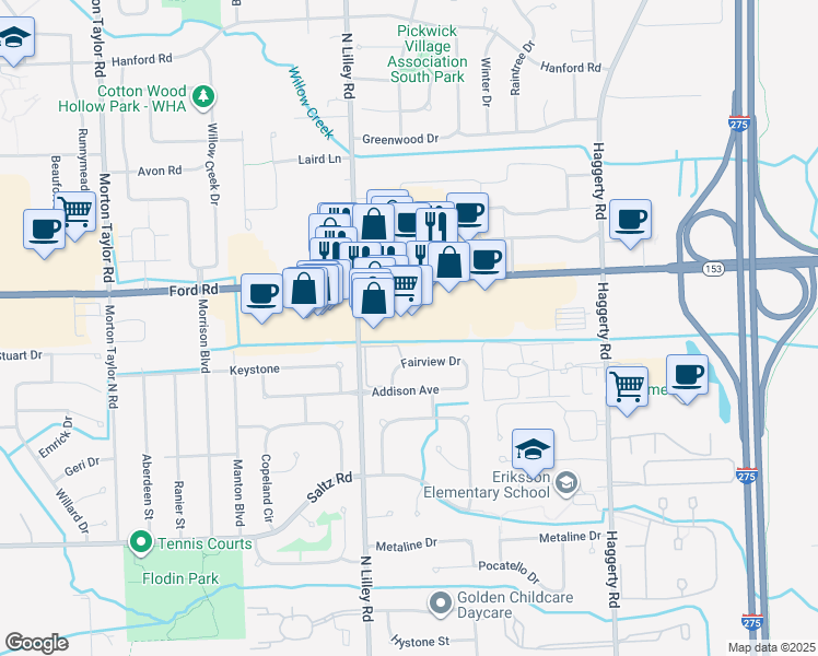 map of restaurants, bars, coffee shops, grocery stores, and more near 42059 Ford Road in Canton