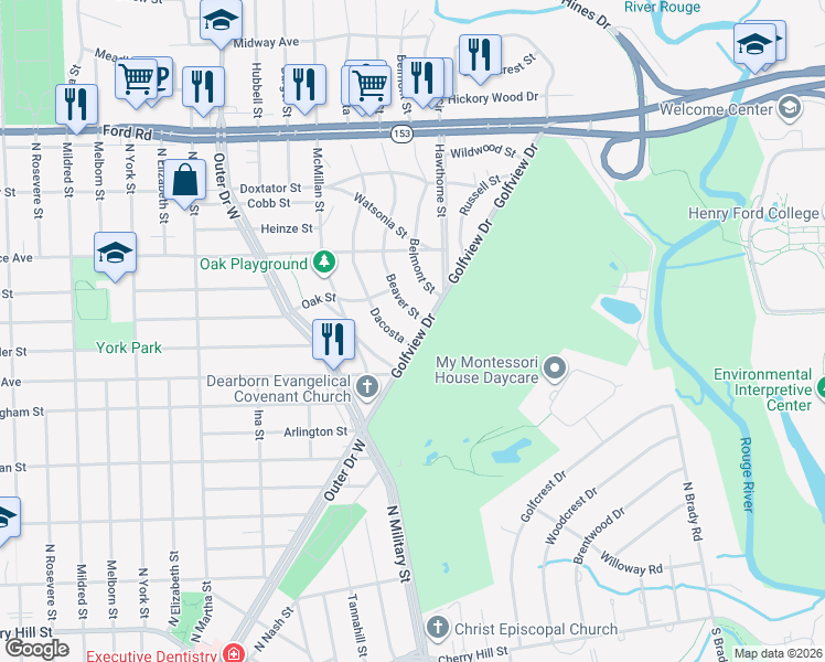 map of restaurants, bars, coffee shops, grocery stores, and more near 1141 Golfview Drive in Dearborn