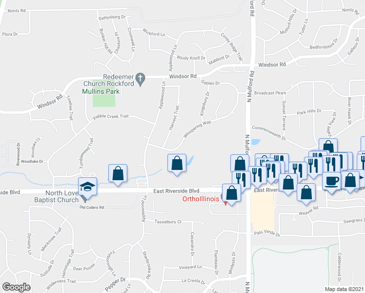 map of restaurants, bars, coffee shops, grocery stores, and more near 5705 Whispering Way in Loves Park