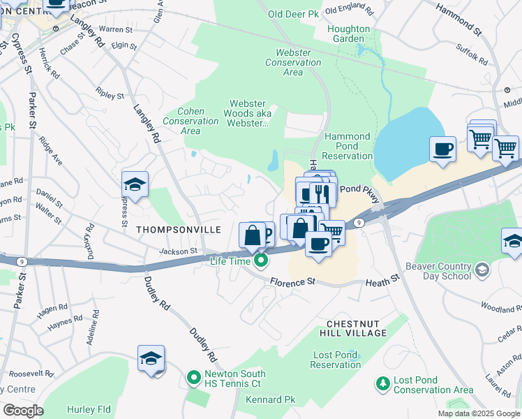 map of restaurants, bars, coffee shops, grocery stores, and more near 250 Hammond Pond Parkway in Newton