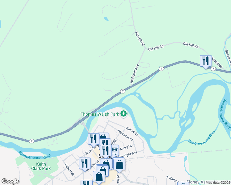 map of restaurants, bars, coffee shops, grocery stores, and more near State Highway 7 in Sidney