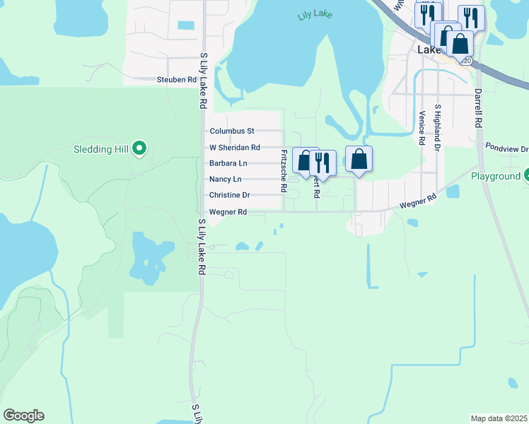 map of restaurants, bars, coffee shops, grocery stores, and more near 613 Wegner Road in Lakemoor