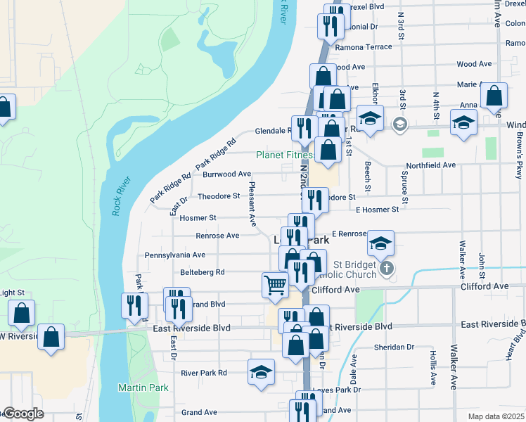 map of restaurants, bars, coffee shops, grocery stores, and more near 6209 Pleasant Avenue in Loves Park