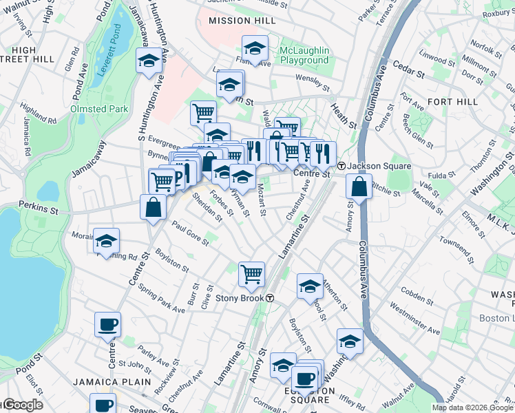 map of restaurants, bars, coffee shops, grocery stores, and more near 39 Mozart Street in Boston
