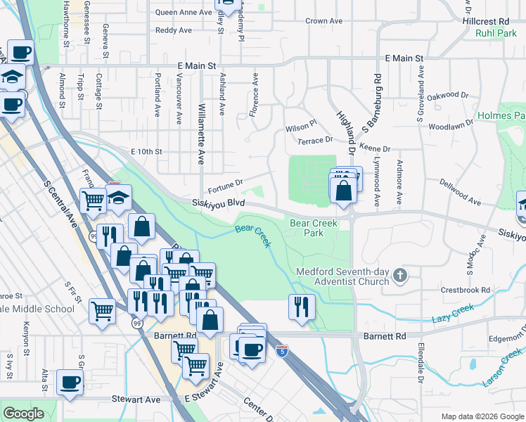 map of restaurants, bars, coffee shops, grocery stores, and more near 1408 Siskiyou Boulevard in Medford