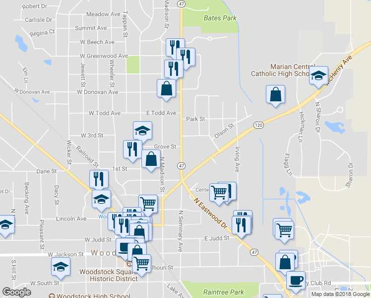 map of restaurants, bars, coffee shops, grocery stores, and more near 734 North Seminary Avenue in Woodstock