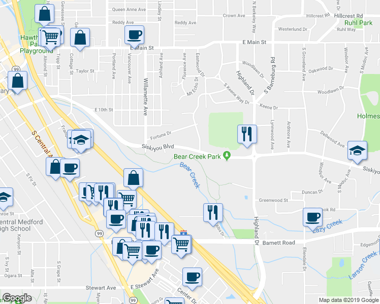 map of restaurants, bars, coffee shops, grocery stores, and more near 1408 Siskiyou Boulevard in Medford