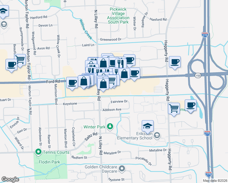 map of restaurants, bars, coffee shops, grocery stores, and more near 42043 Ford Road in Canton