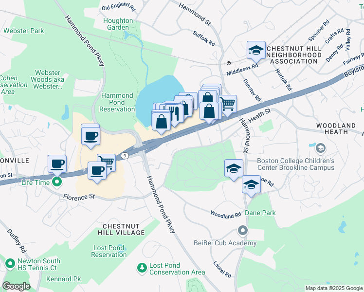 map of restaurants, bars, coffee shops, grocery stores, and more near 1300 Boylston Street in Brookline