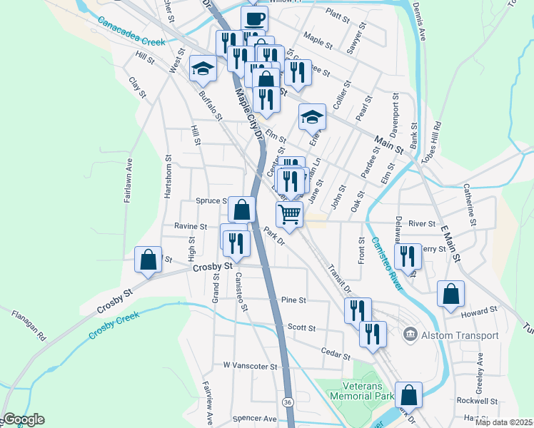 map of restaurants, bars, coffee shops, grocery stores, and more near 100-182 Maple City Drive North in Hornell