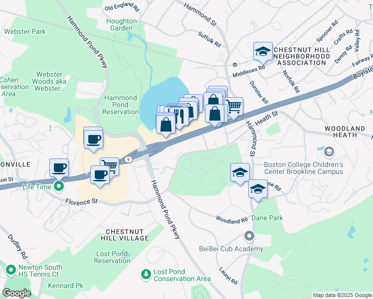 map of restaurants, bars, coffee shops, grocery stores, and more near 1300 Boylston Street in Brookline