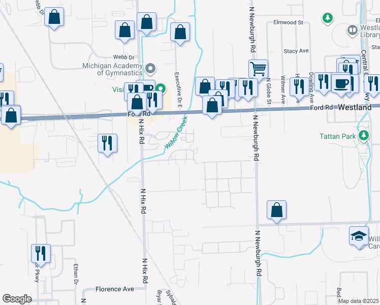 map of restaurants, bars, coffee shops, grocery stores, and more near 38075 Sherwood Street in Westland
