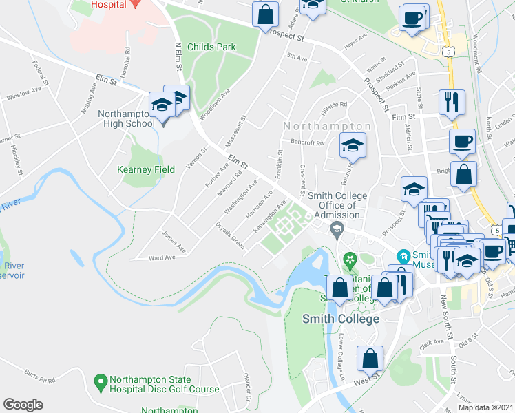 map of restaurants, bars, coffee shops, grocery stores, and more near 39 Harrison Avenue in Northampton