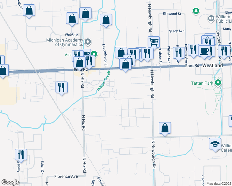 map of restaurants, bars, coffee shops, grocery stores, and more near 38036 Sherwood Street in Westland