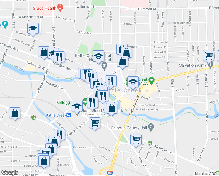 map of restaurants, bars, coffee shops, grocery stores, and more near 44 McCamly Street in Battle Creek