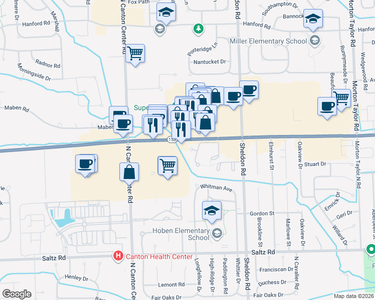 map of restaurants, bars, coffee shops, grocery stores, and more near 44519 Savery Drive in Canton