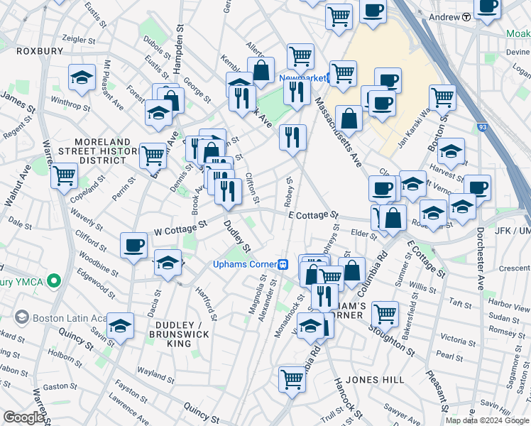 map of restaurants, bars, coffee shops, grocery stores, and more near 59 Clifton Street in Boston