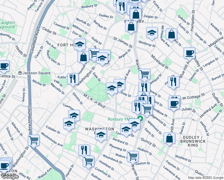 map of restaurants, bars, coffee shops, grocery stores, and more near 121-131 Walnut Avenue in Boston