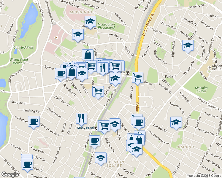 map of restaurants, bars, coffee shops, grocery stores, and more near 50 Lamartine Street in Boston