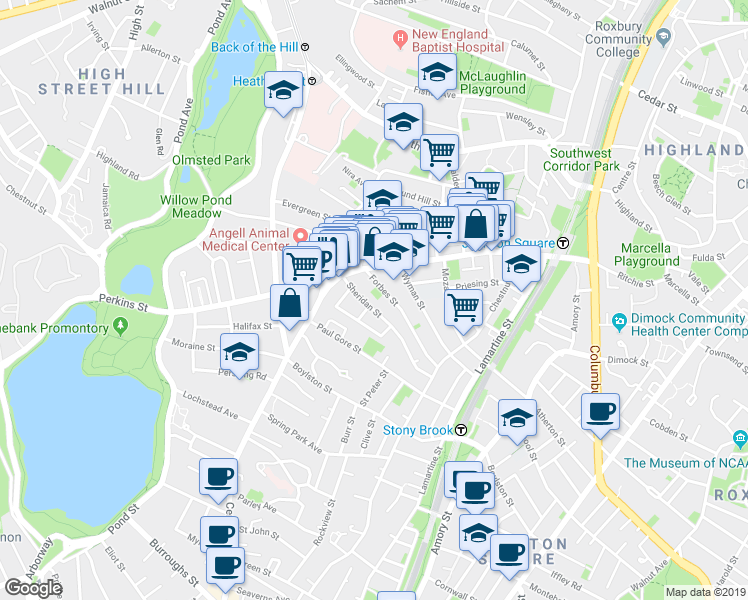 map of restaurants, bars, coffee shops, grocery stores, and more near 50 Sheridan Street in Boston