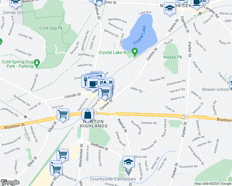 map of restaurants, bars, coffee shops, grocery stores, and more near 5 Aberdeen Street in Newton