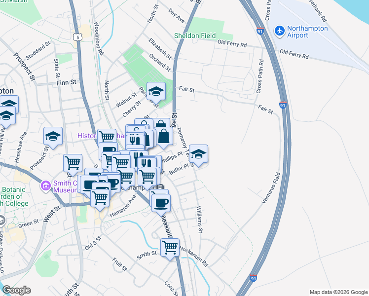 map of restaurants, bars, coffee shops, grocery stores, and more near 59 Phillips Place in Northampton