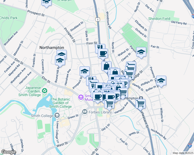 map of restaurants, bars, coffee shops, grocery stores, and more near 64 Gothic Street in Northampton