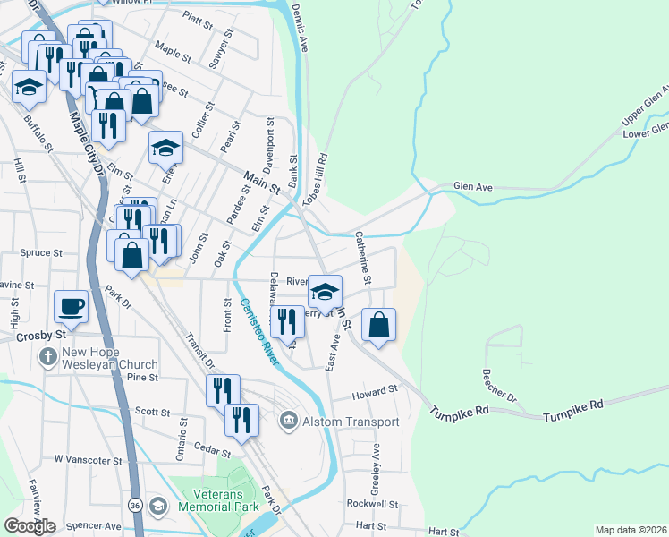 map of restaurants, bars, coffee shops, grocery stores, and more near 62-66 East Main Street in Hornell