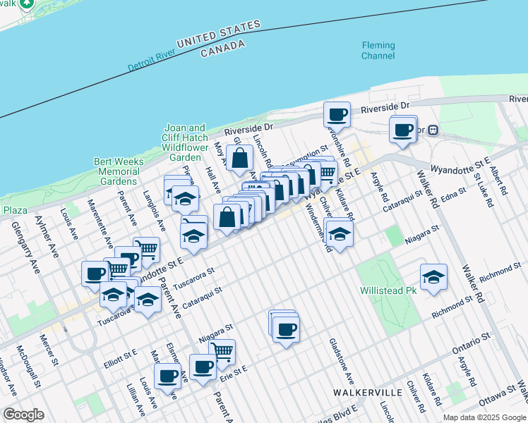 map of restaurants, bars, coffee shops, grocery stores, and more near 1441 Wyandotte Street East in Windsor