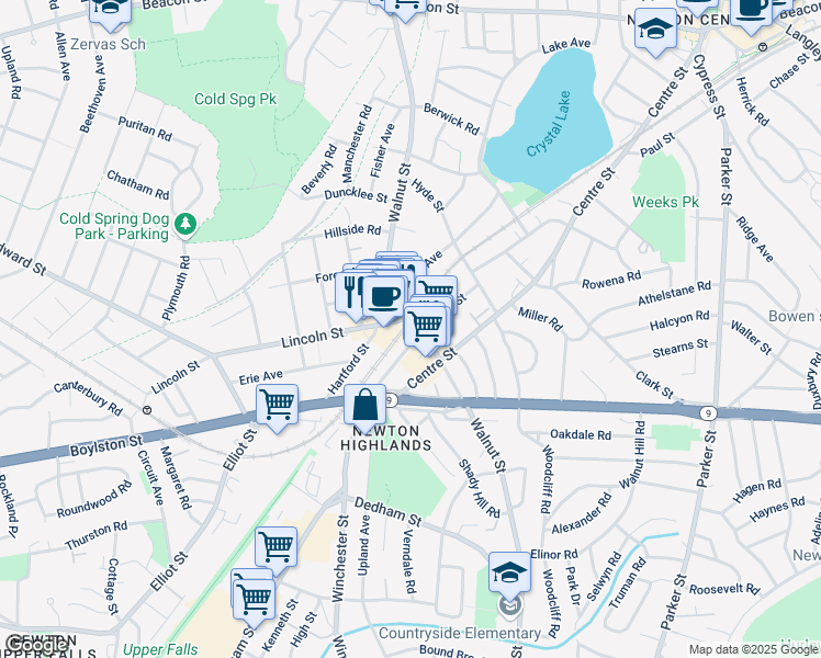 map of restaurants, bars, coffee shops, grocery stores, and more near 77 Floral Street in Newton