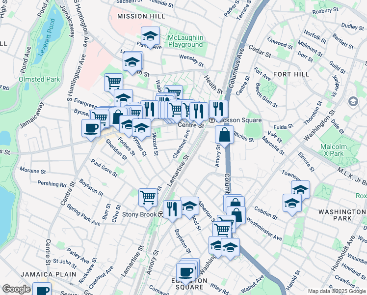 map of restaurants, bars, coffee shops, grocery stores, and more near 50 Lamartine Street in Boston